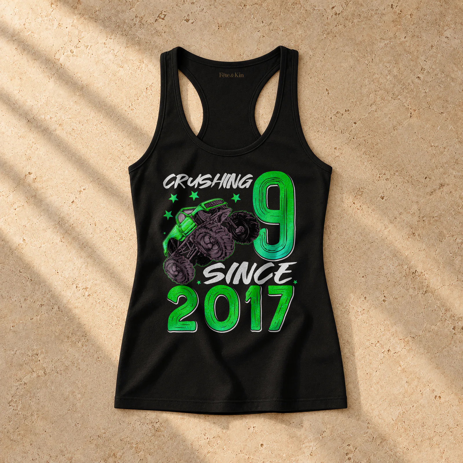 9 Birthday Boy Presents in solid white on a Women's Racerback Tank Top — Product mockup