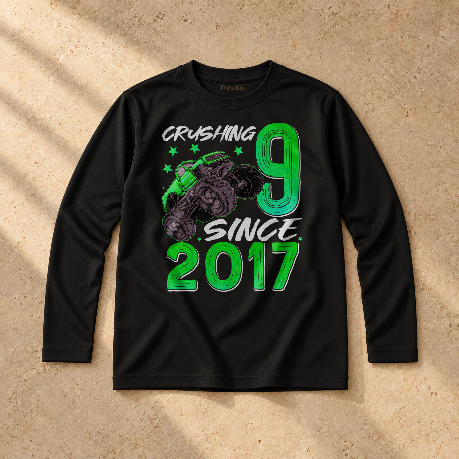 9th Birthday Boy Shirt in white on a Youth Performance Long Sleeve T-Shirt — Product mockup